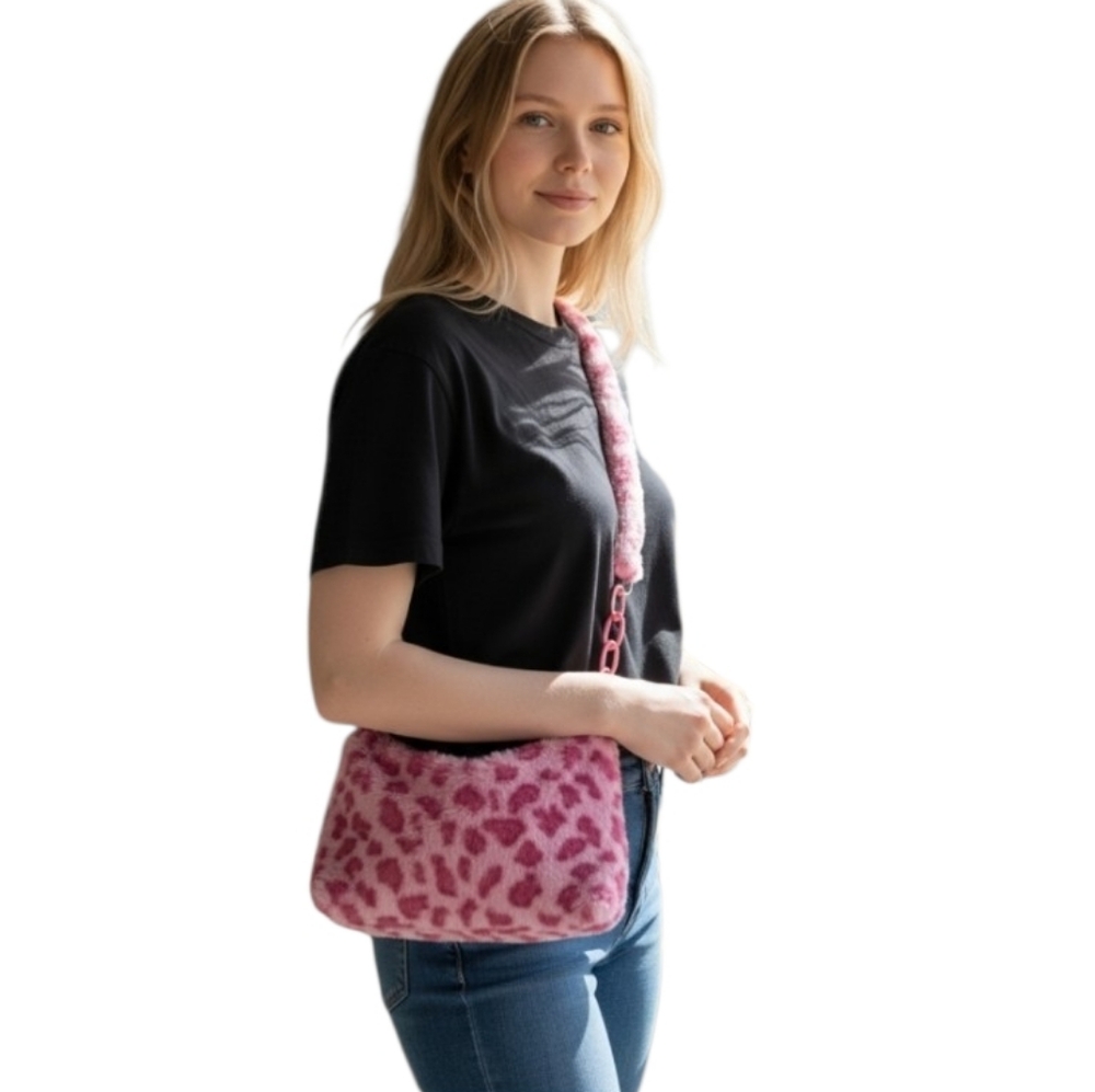 Pink Faux Fur Leopard Print Handbag Womens‎ Shoulder Underarm Hobo Bag Purse